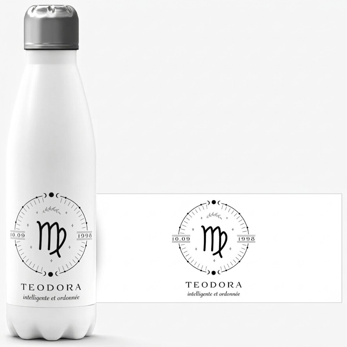 Thermos à base blanche personnalisé avec un texte et le signe du zodiaque de la Vierge