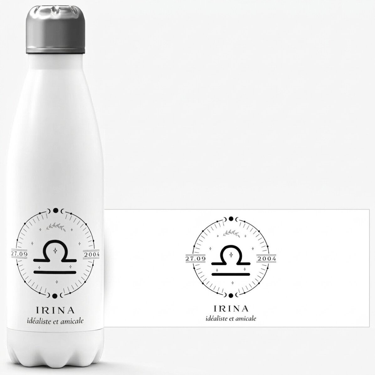 Thermos à base blanche personnalisé avec un texte et le signe du zodiaque de la Balance