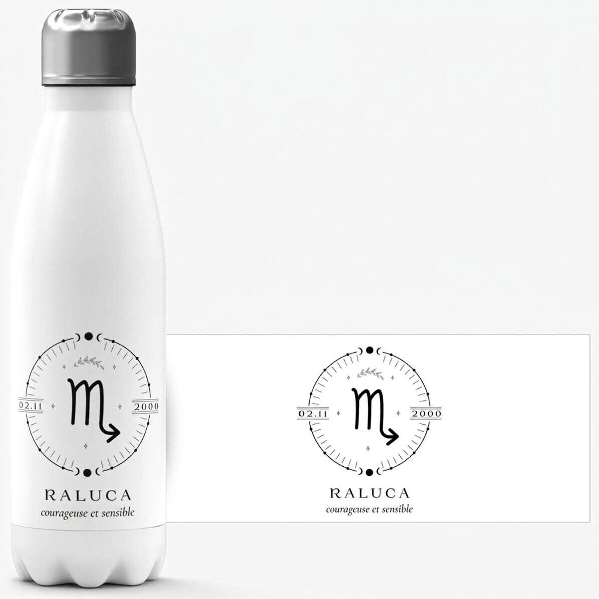Thermos à base blanche personnalisé avec un texte et le signe du Scorpion