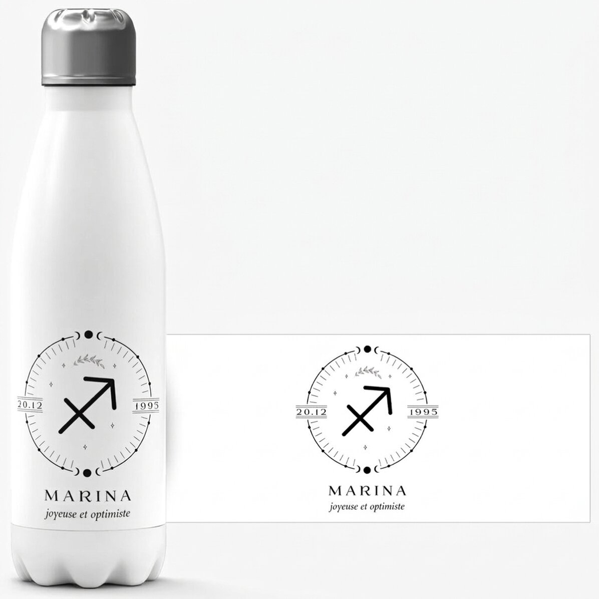 Thermos à base blanche personnalisé avec un texte et le signe du Sagittaire