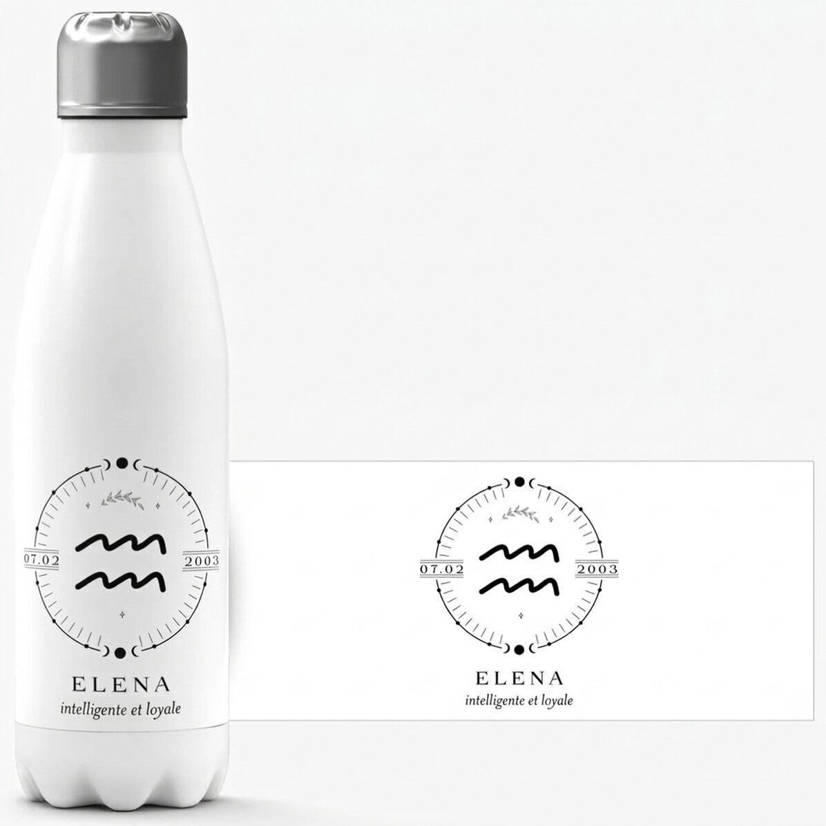 Thermos à base blanche personnalisé avec un texte et un signe du zodiaque
