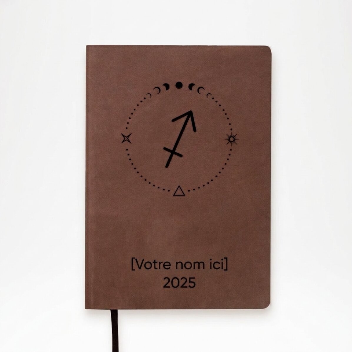 Agenda en cuir personnalisé avec un texte et le signe du Sagittaire