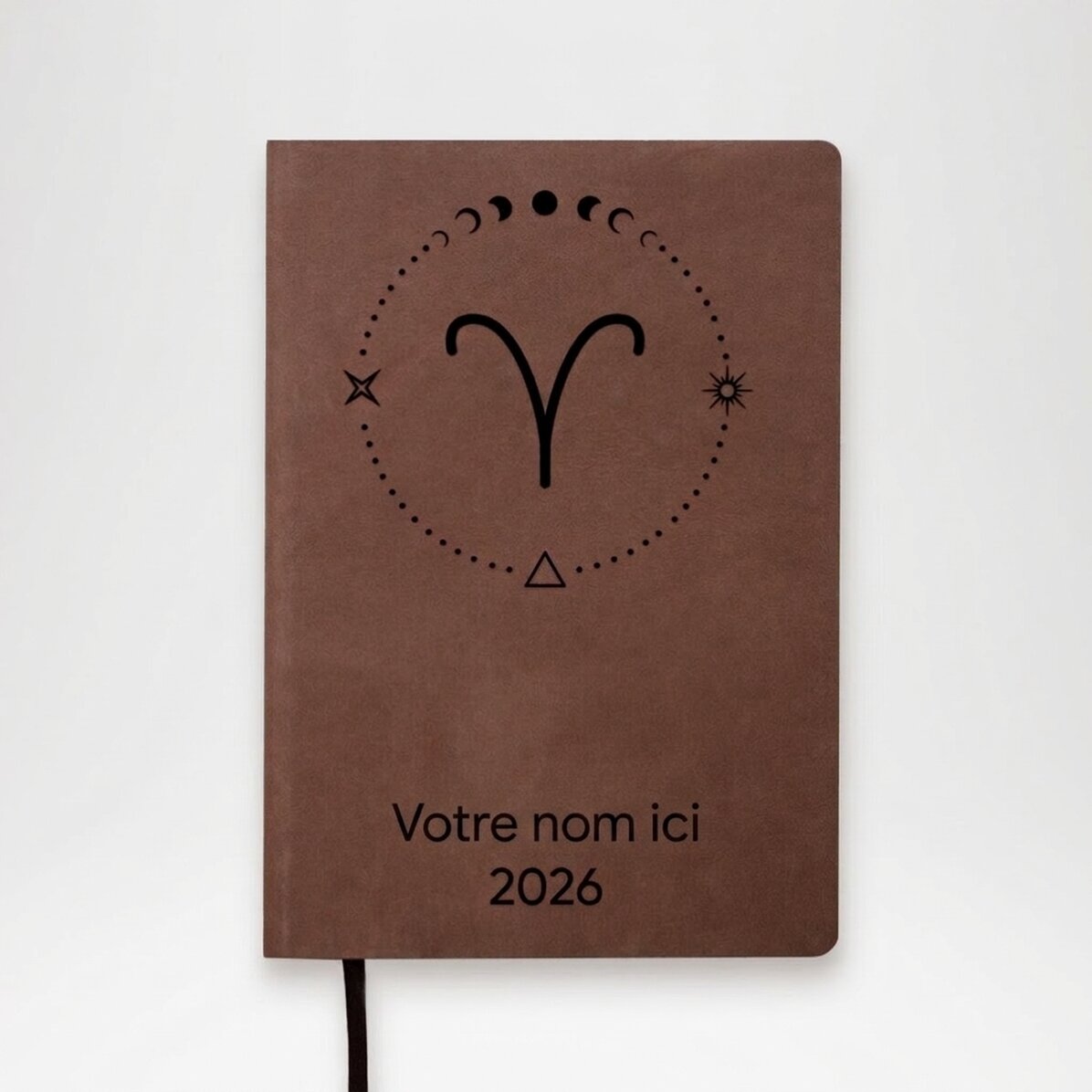 Agenda en cuir personnalisé avec texte et signe du zodiaque