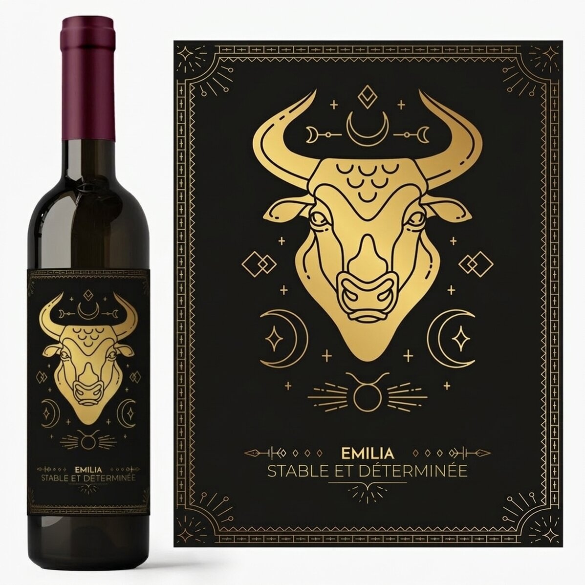 Vin personnalisé avec un message et un signe du zodiaque - Taureau