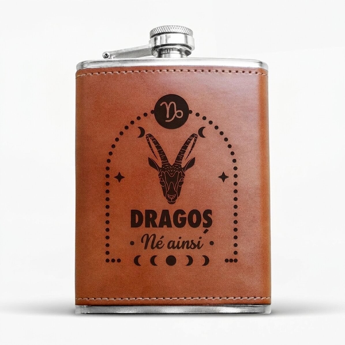 Flacon de poche recouvert de cuir, personnalisé avec un texte et un signe du zodiaque : Capricorne