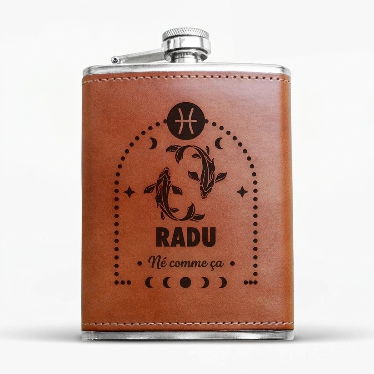 Flacon de poche recouvert de cuir, personnalisé avec un texte et un signe du zodiaque - Poissons