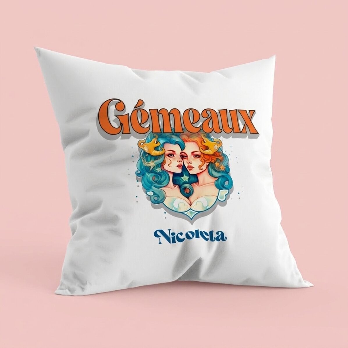 Coussin personnalisé avec prénom et signe du zodiaque - Gémeaux