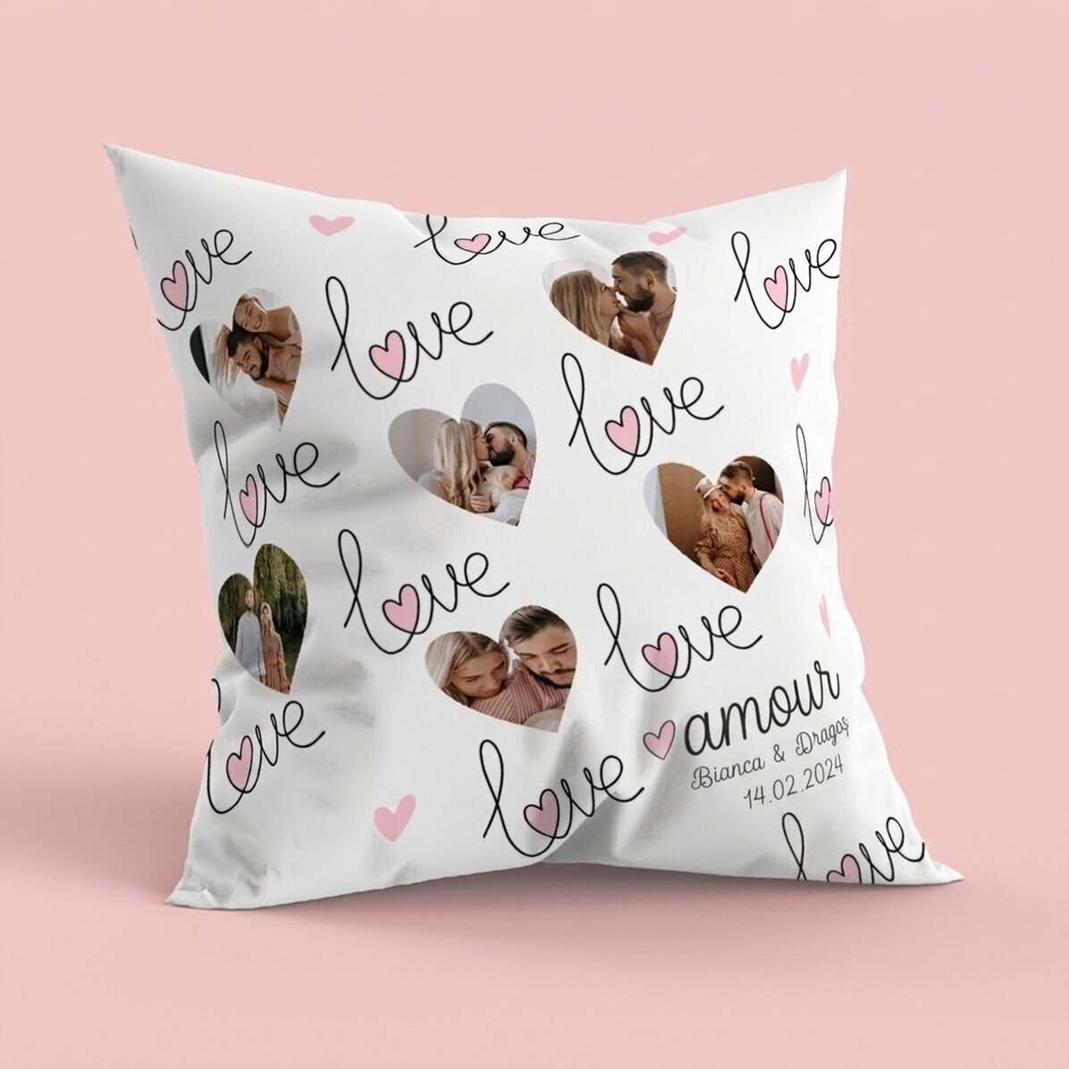 Coussin personnalisé avec 6 photos en forme de cœur et un message - Love