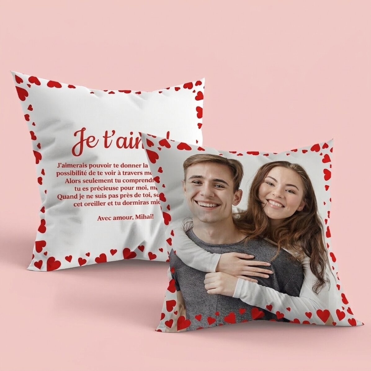 Coussin personnalisé avec une photo et un message recto-verso - Love