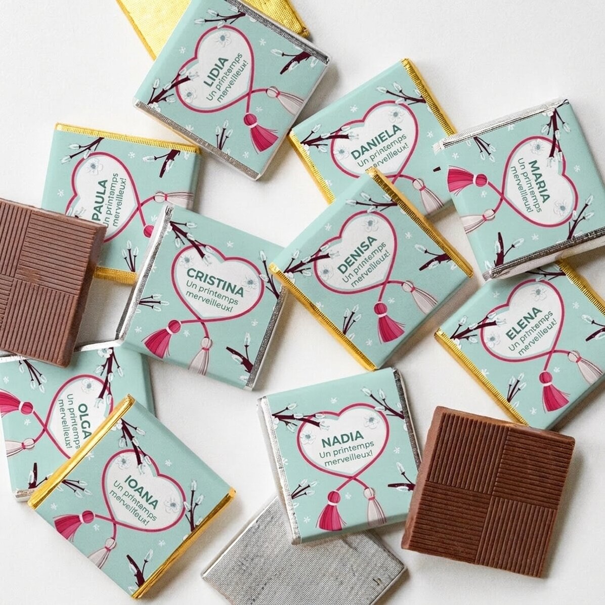 Lot de 10 mini-chocolats personnalisés avec un message - Printemps