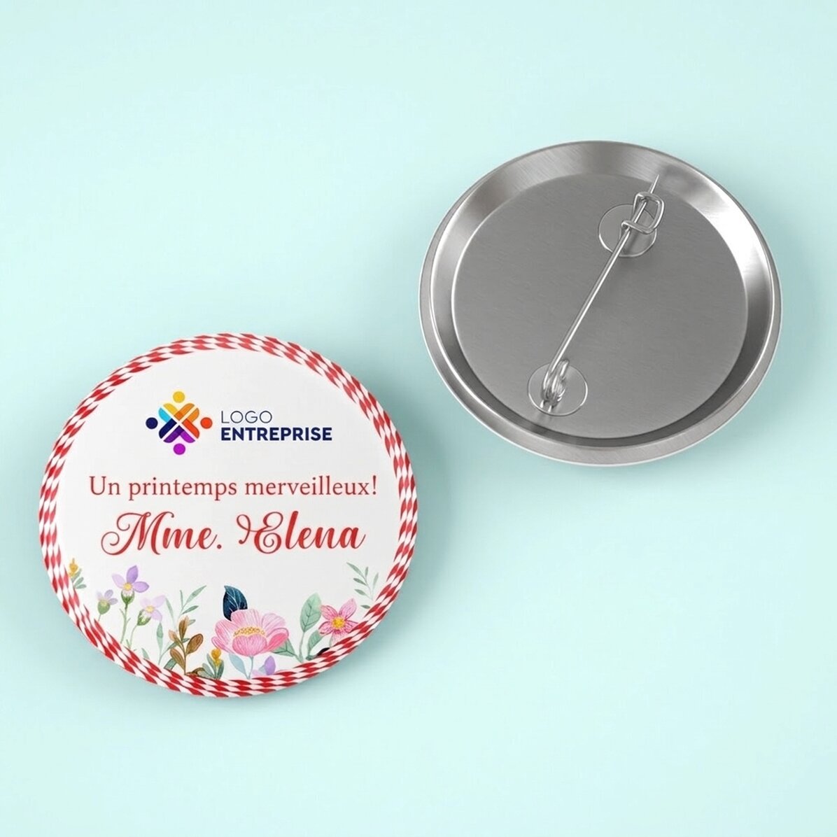 Badge personnalisé avec logo, nom et message