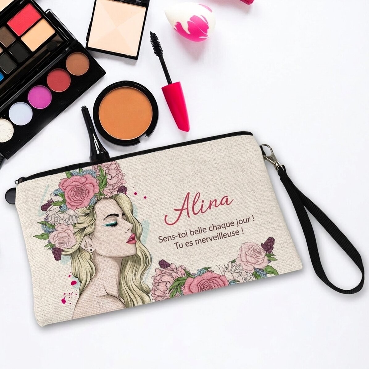 Trousse de maquillage personnalisée avec inscription - Floral beauty