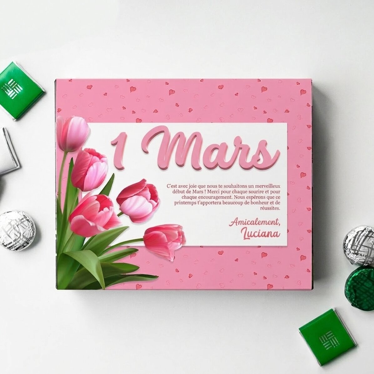 Boîte de bonbons personnalisée avec un message - Pink tulips