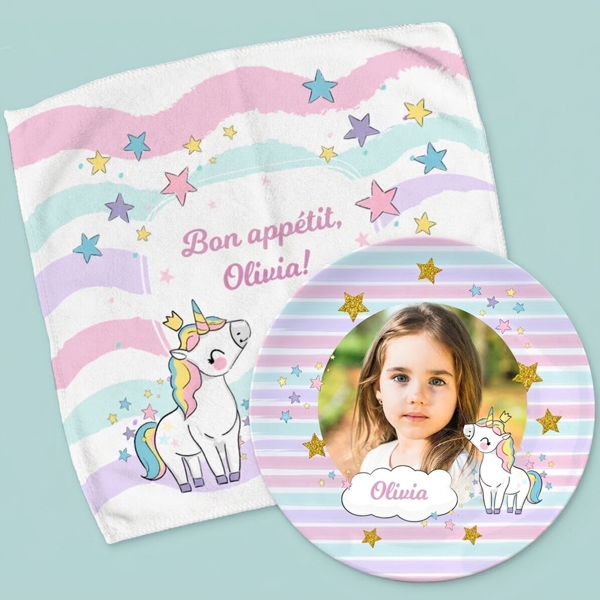 Ensemble personnalisé - assiette et serviette - Licorne