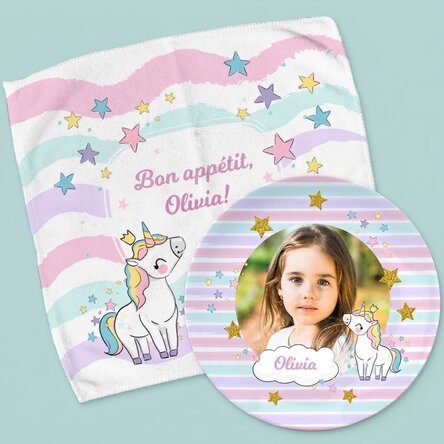 Ensemble personnalisé - assiette et serviette - Licorne