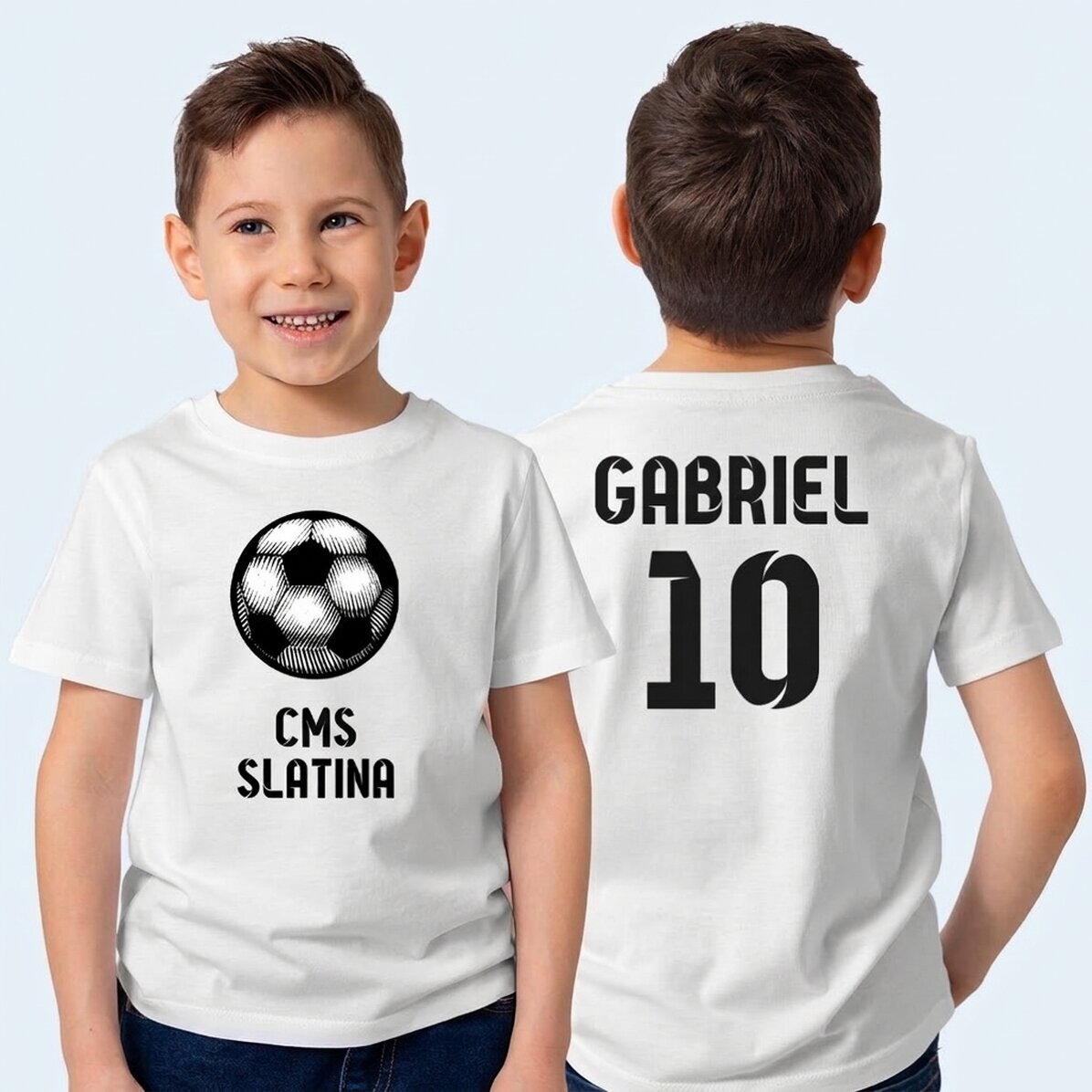T-shirt en coton pour enfants, personnalisé avec un texte au recto et au verso - Ballon de football