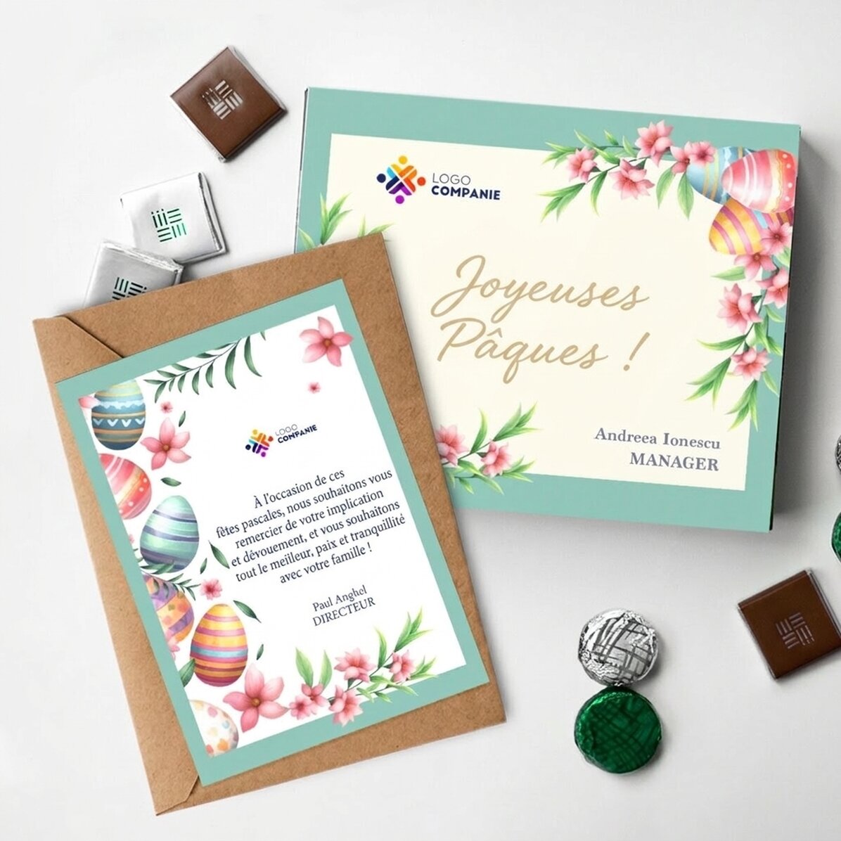 Coffret personnalisé avec logo - boîte de bonbons et carte - Joyeuses Pâques !