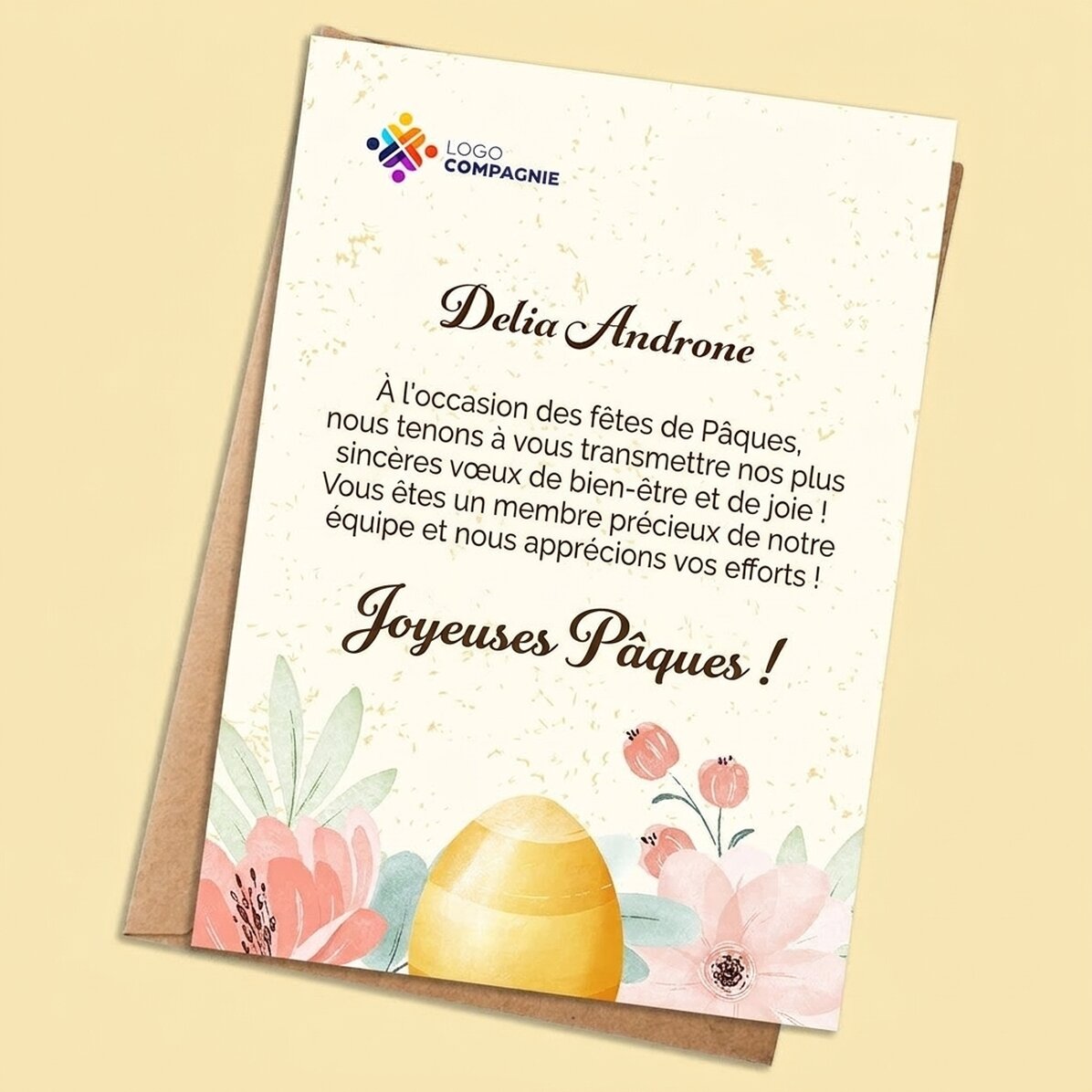 Carte personnalisée avec logo et message de Pâques - Floral