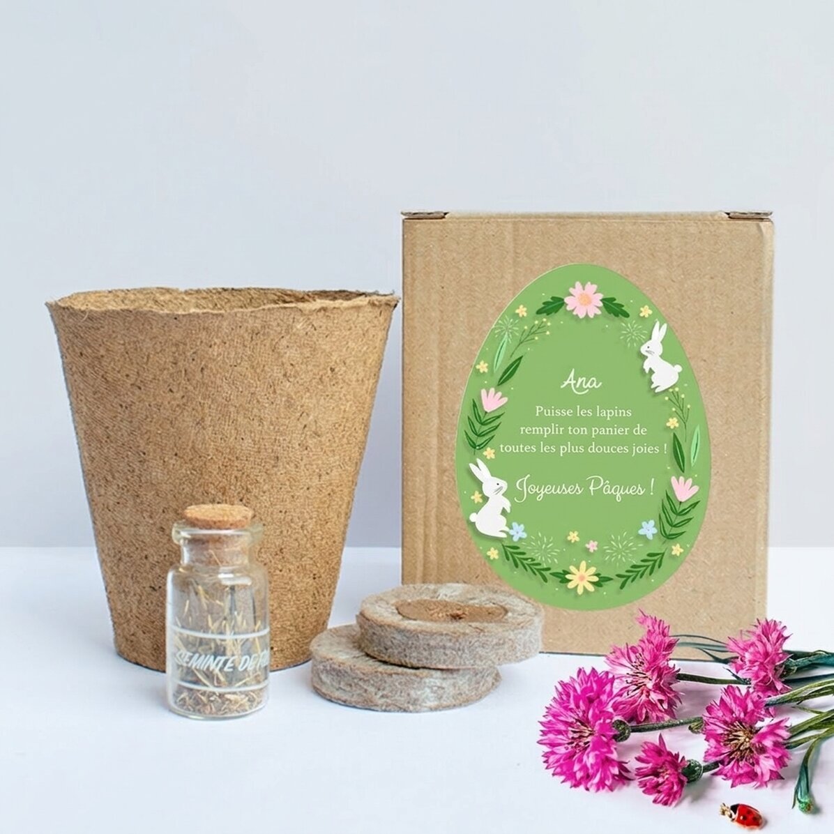 Kit de plantation de fleurs dans une petite boîte personnalisée avec un message de Pâques - Floral