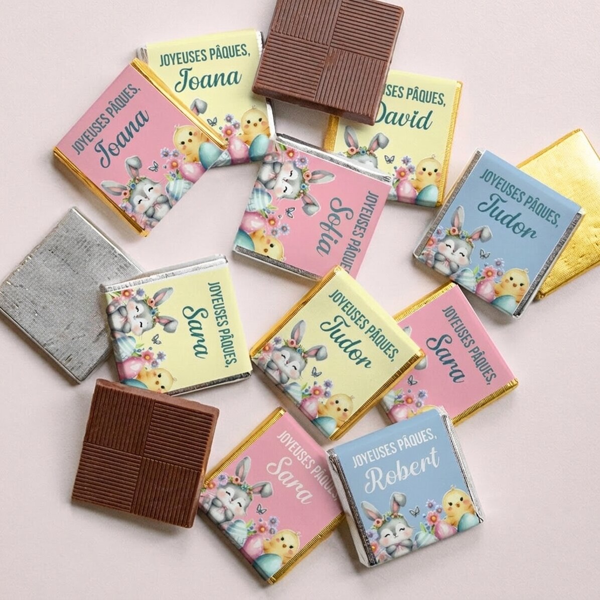 Lot de 10 mini-chocolats personnalisés avec un message - Joyeuses Pâques !