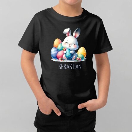 T-shirt en coton pour enfants personnalisé avec un prénom - Lapin avec des œufs de Pâques