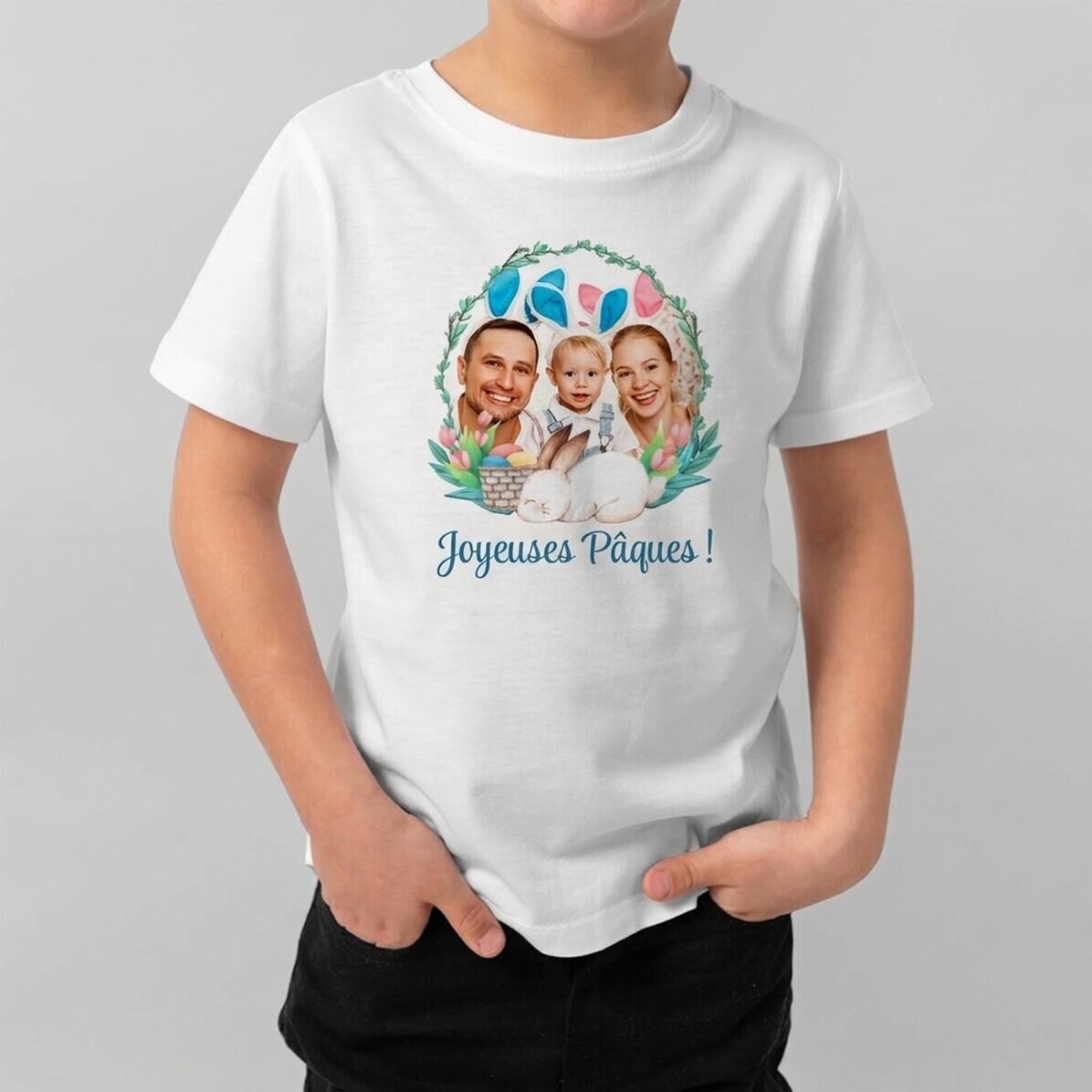 T-shirt en coton pour enfants, personnalisé avec une photo et un message - Joyeuses Pâques !