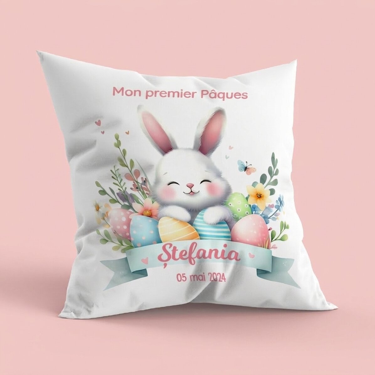 Coussin personnalisé avec inscription - Ma première Pâques