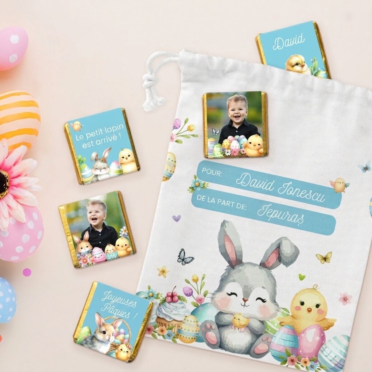 Coffret personnalisé - petit sac et 5 mini-chocolats - De la part du lapin