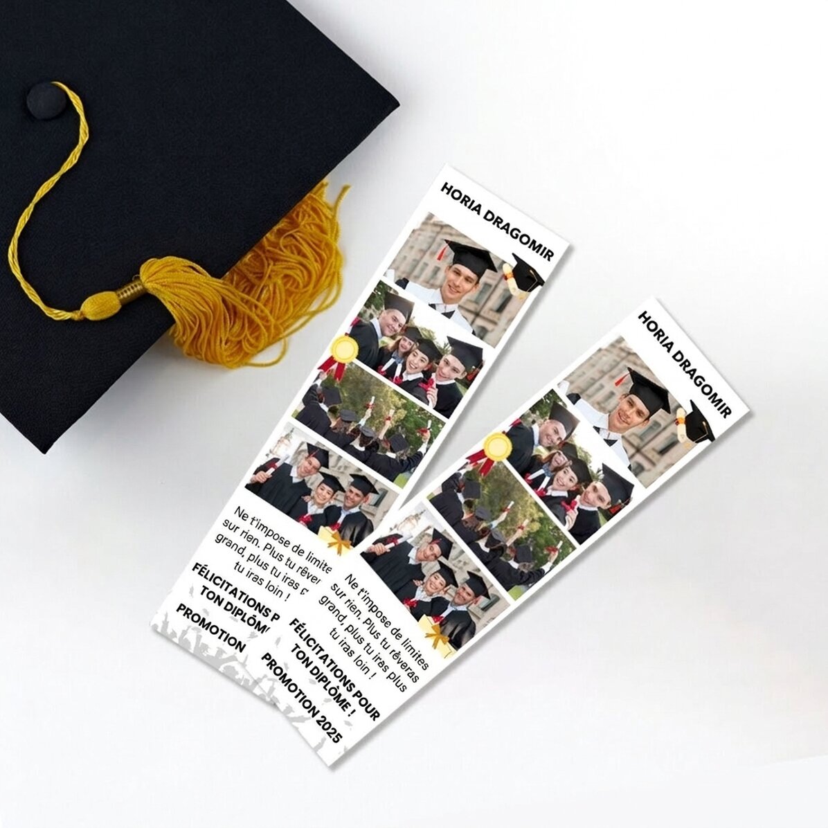 Marque-page personnalisé avec 4 photos et un texte - Remise des diplômes