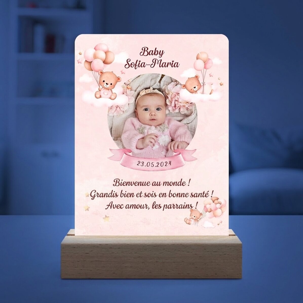 Veilleuse LED personnalisée avec photo et texte - Baby Girl