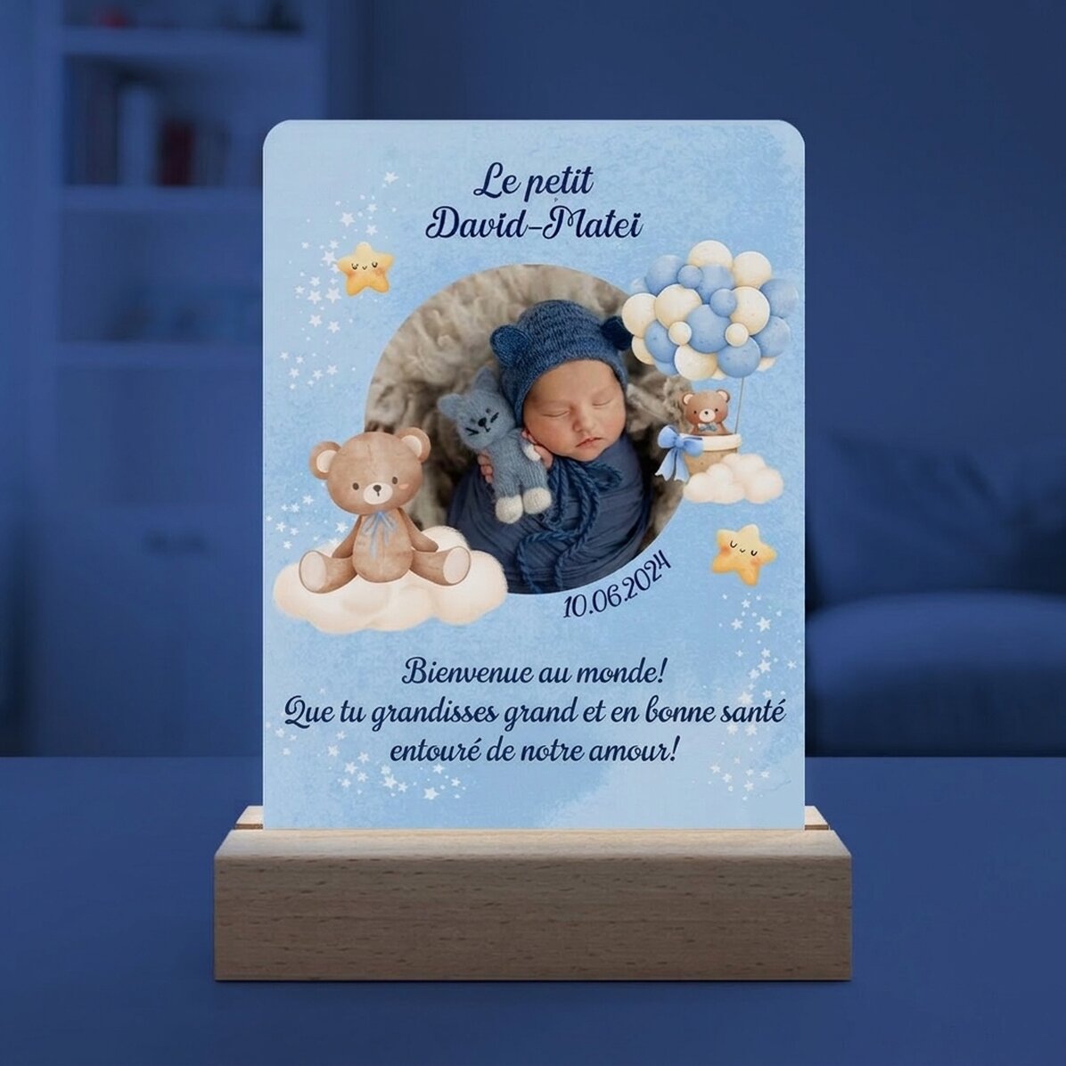 Lampe de veille LED personnalisée avec photo et texte - Bébé garçon