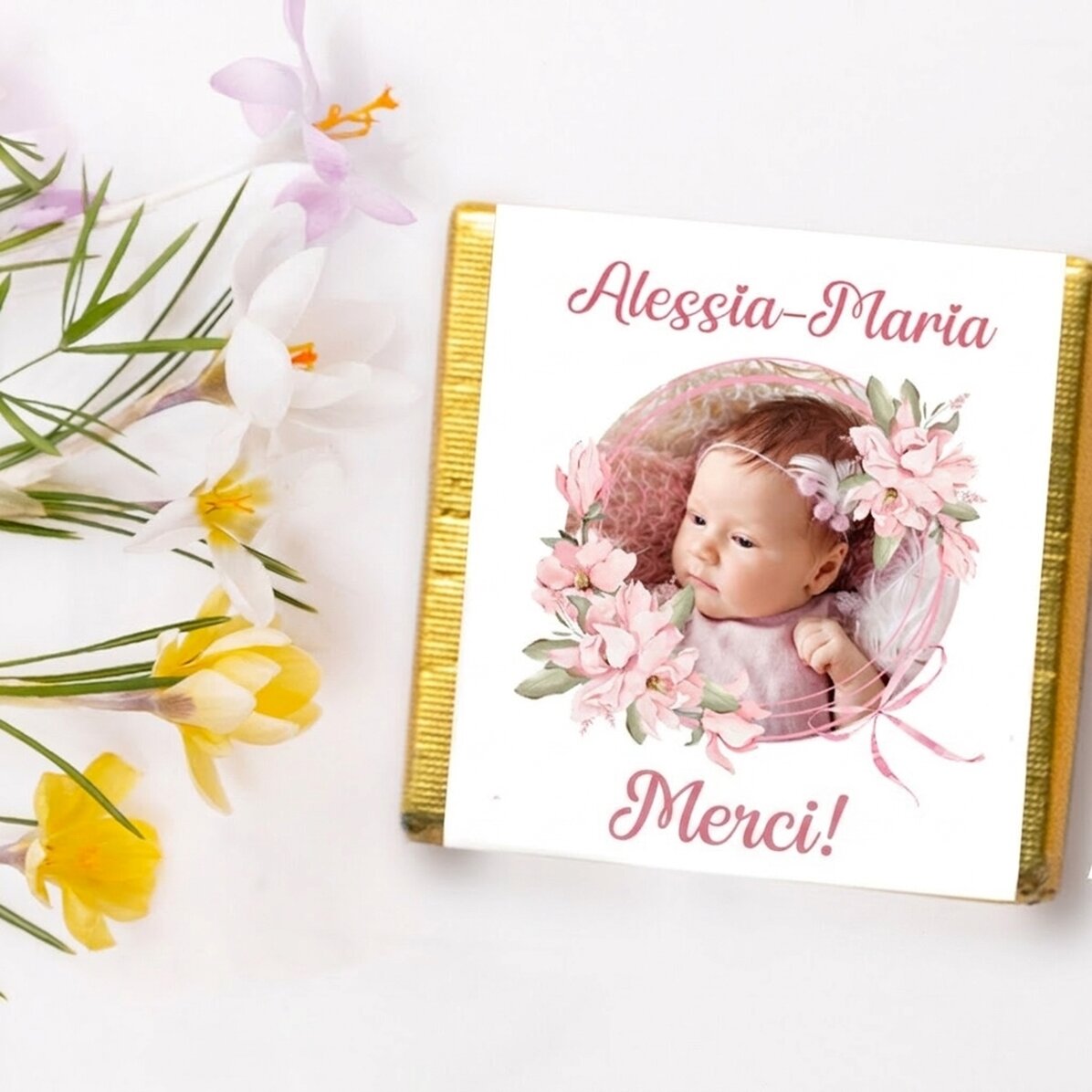 Mini-chocolat de baptême personnalisé avec photo et texte - Rose