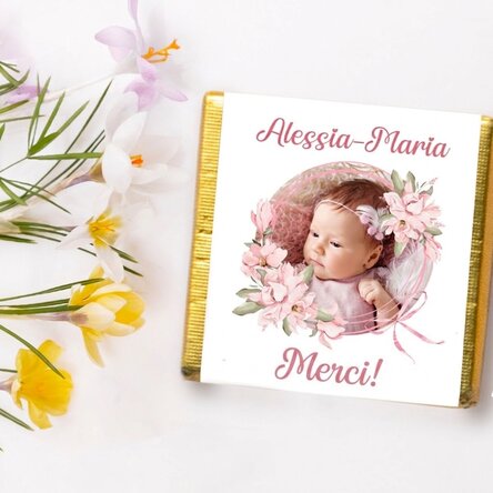 Mini-chocolat de baptême personnalisé avec photo et texte - Rose