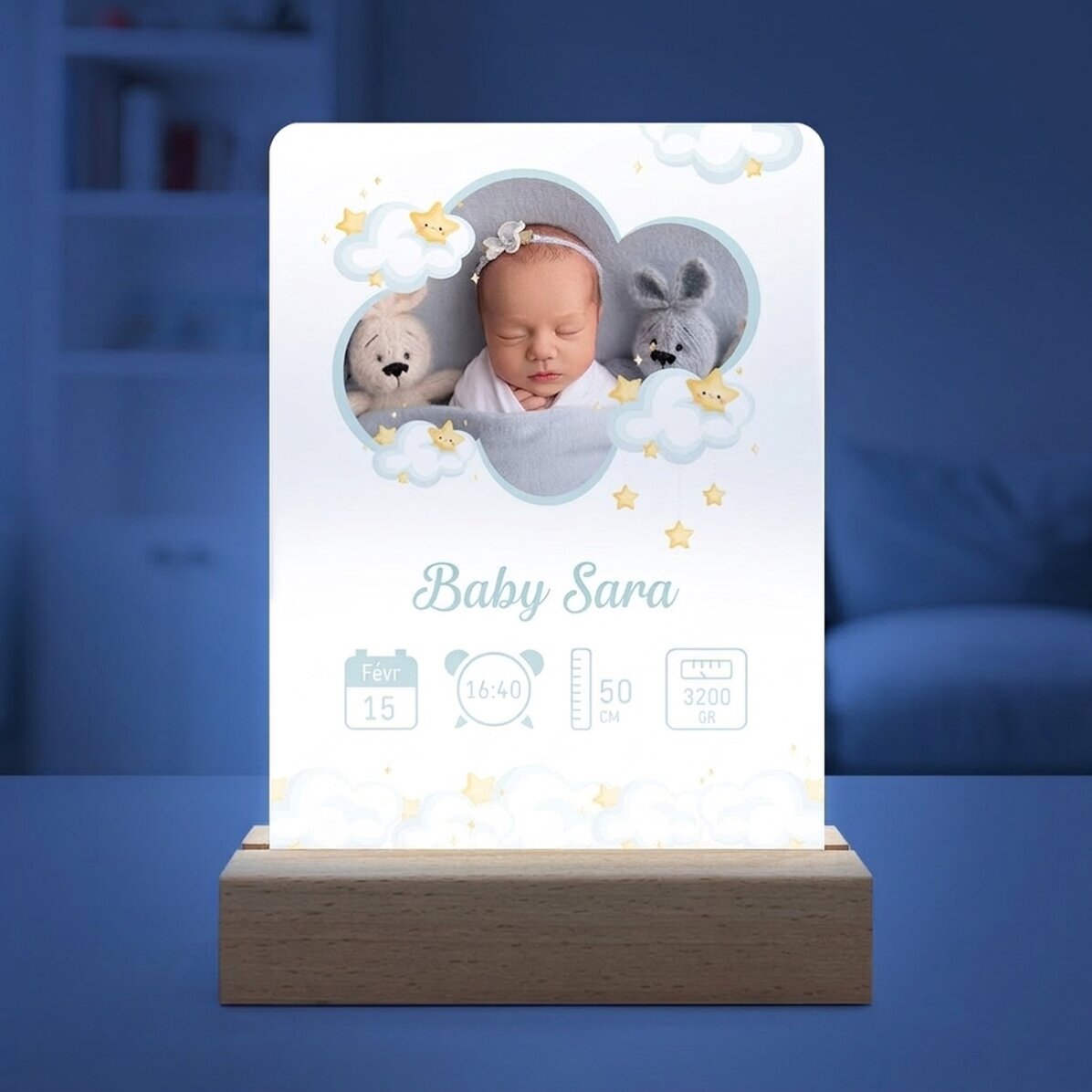 Lampe de veille LED personnalisée avec photo et texte - Bébé