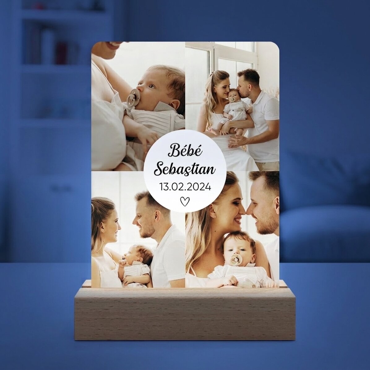 Lampe de veille LED personnalisée avec 4 photos et un texte