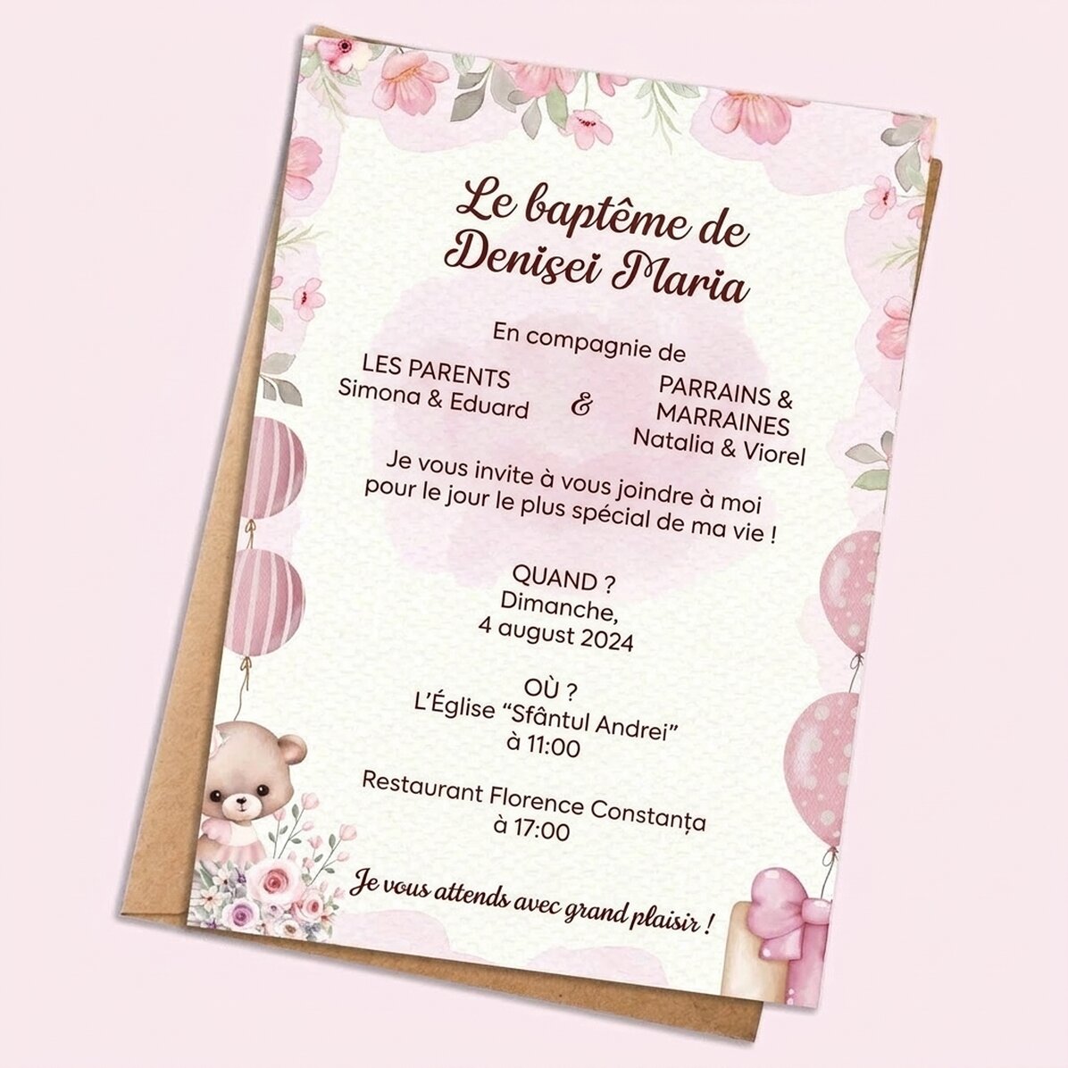 Carte personnalisée avec texte - invitation à un baptême - Rose