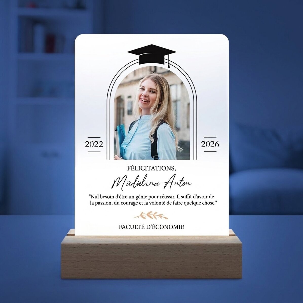 Lampe de veille LED personnalisée avec une photo et un message - Remise des diplômes
