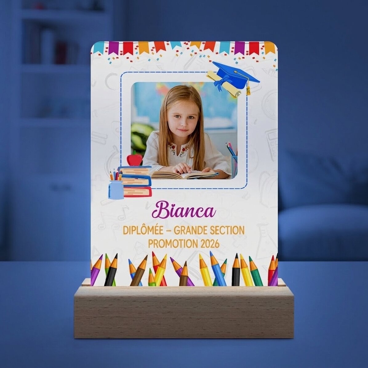 Lampe de veille LED personnalisée avec une photo et un message pour les enfants - Remise des diplôme