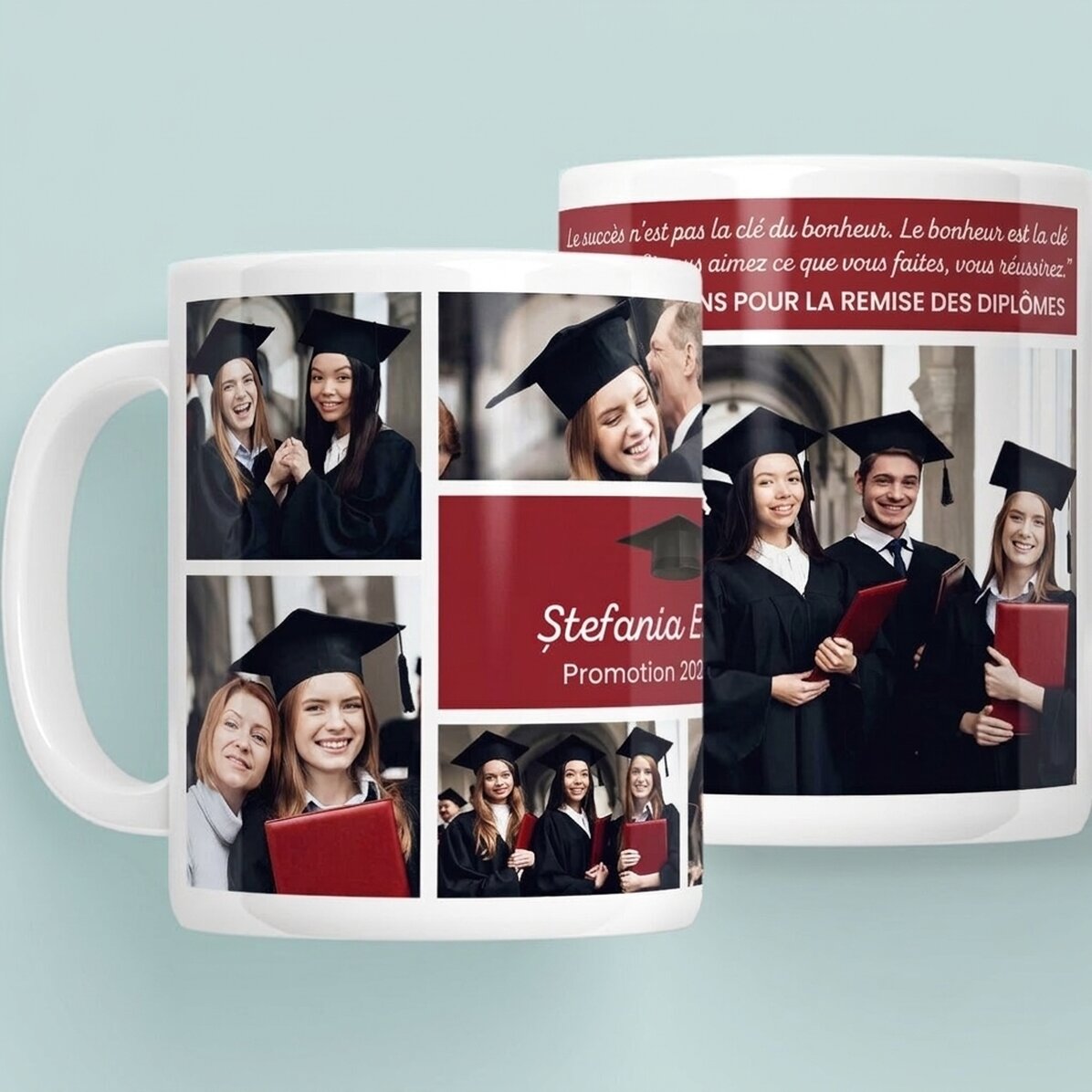 Tasse personnalisée avec 6 photos et un message - Remise des diplômes