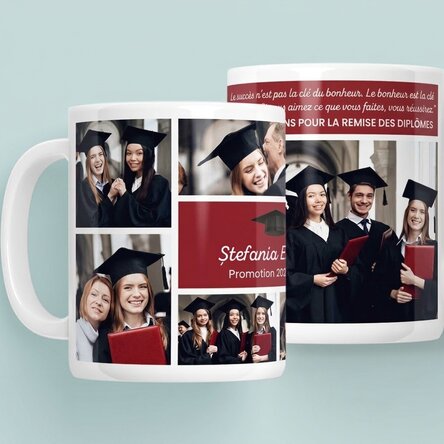 Tasse personnalisée avec 6 photos et un message - Remise des diplômes