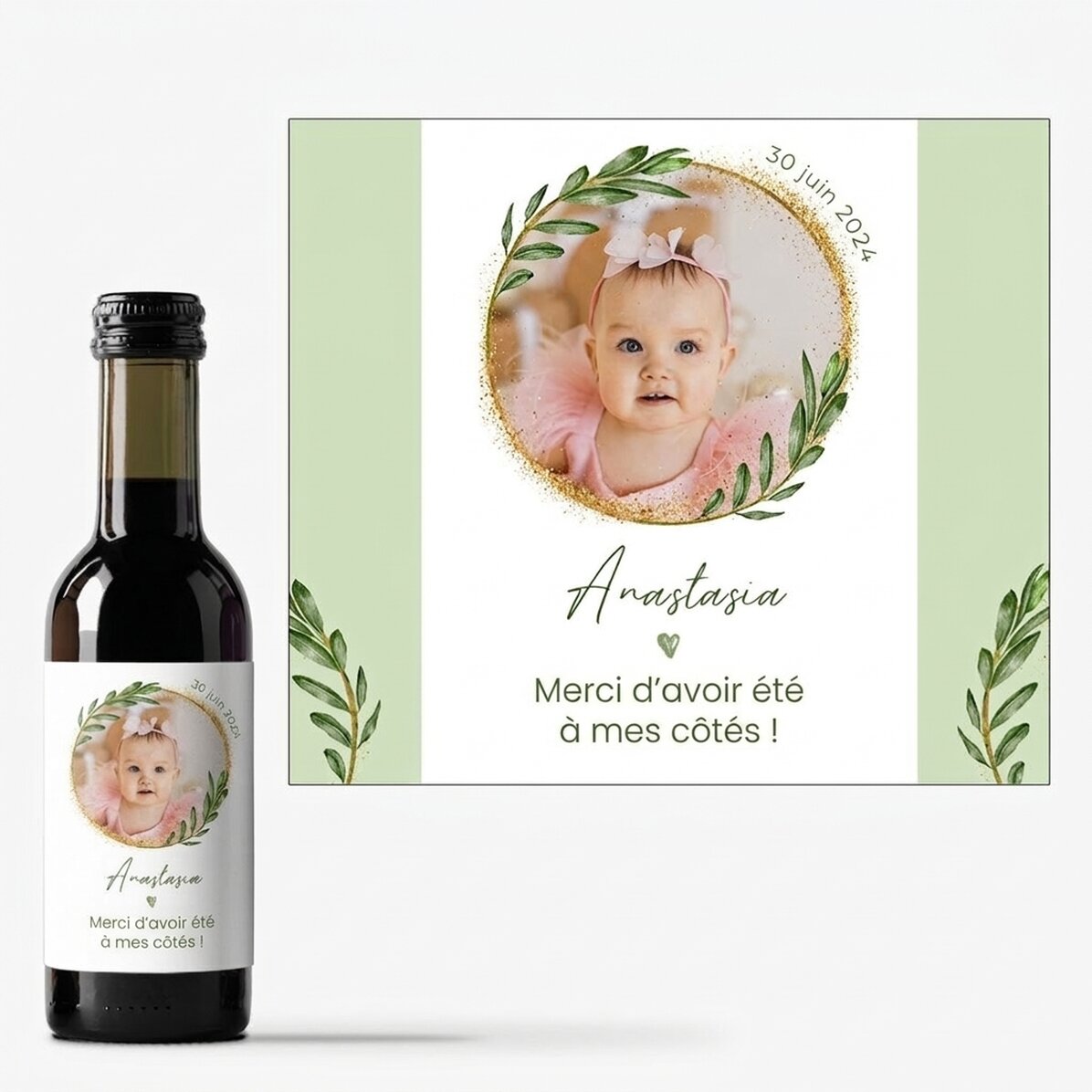 Mini-bouteille de vin personnalisée avec une photo et un texte - Cadeau de baptême