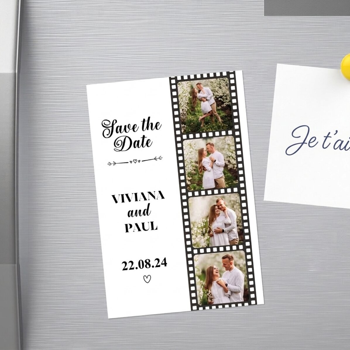 Aimant personnalisé de 10 x 15 cm avec 4 photos et un texte - « Save the date »