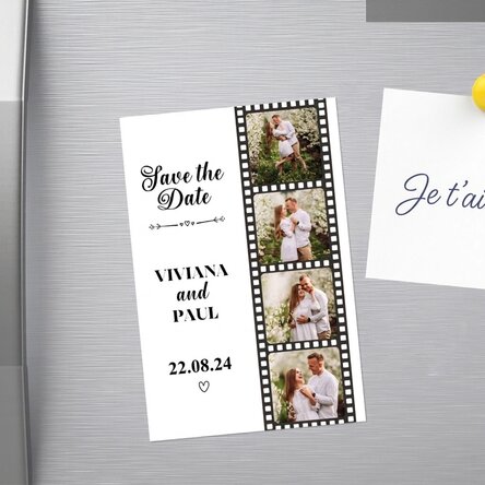 Aimant personnalisé de 10 x 15 cm avec 4 photos et un texte - « Save the date »