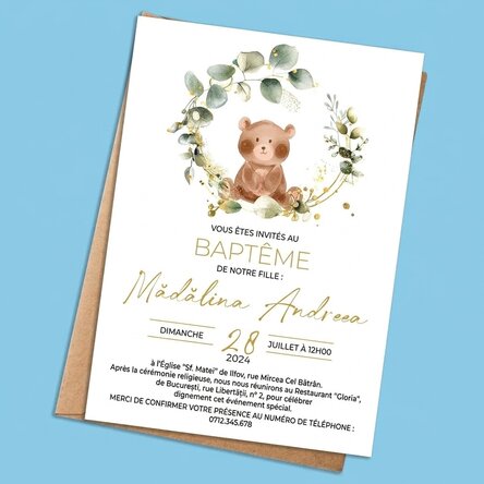 Carte personnalisée avec texte - Invitation à un baptême - Le petit oursons