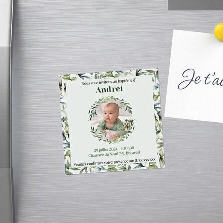 Aimant 10 x 10 personnalisé avec une photo et un texte - Invitation à un baptême