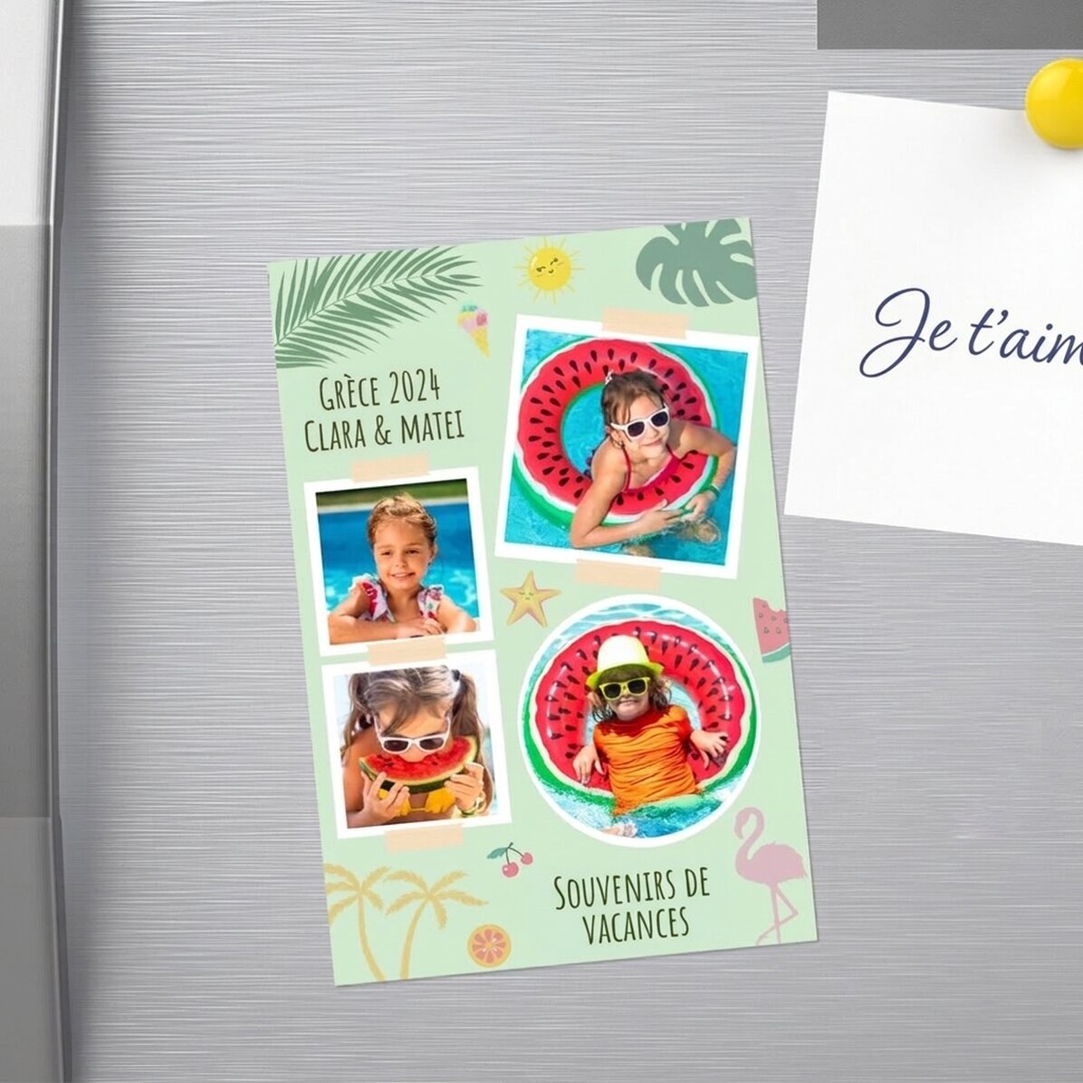 Aimant personnalisé de 10 x 15 cm avec 4 photos et un texte - Vacances