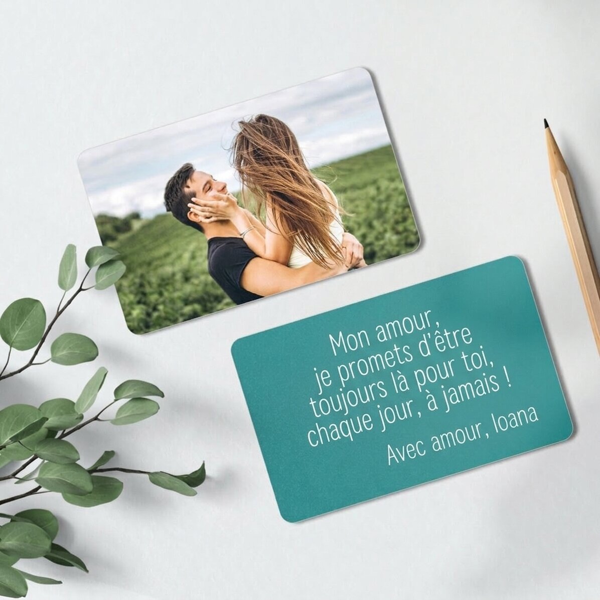 Carte en aluminium personnalisée recto-verso avec une photo et un message