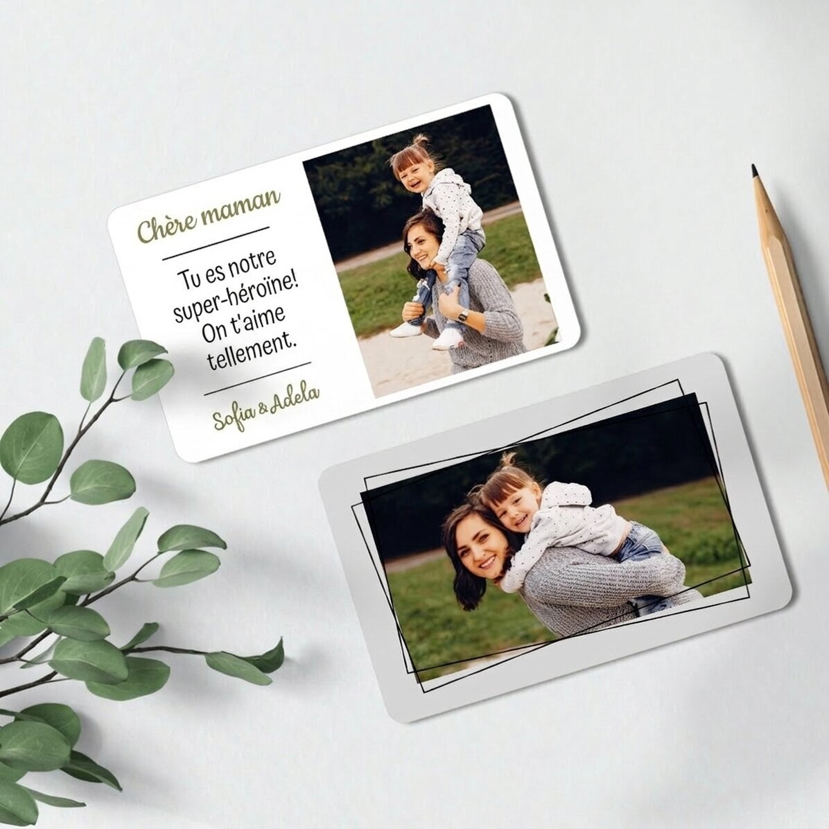 Carte en aluminium personnalisée recto-verso avec 2 photos et un message