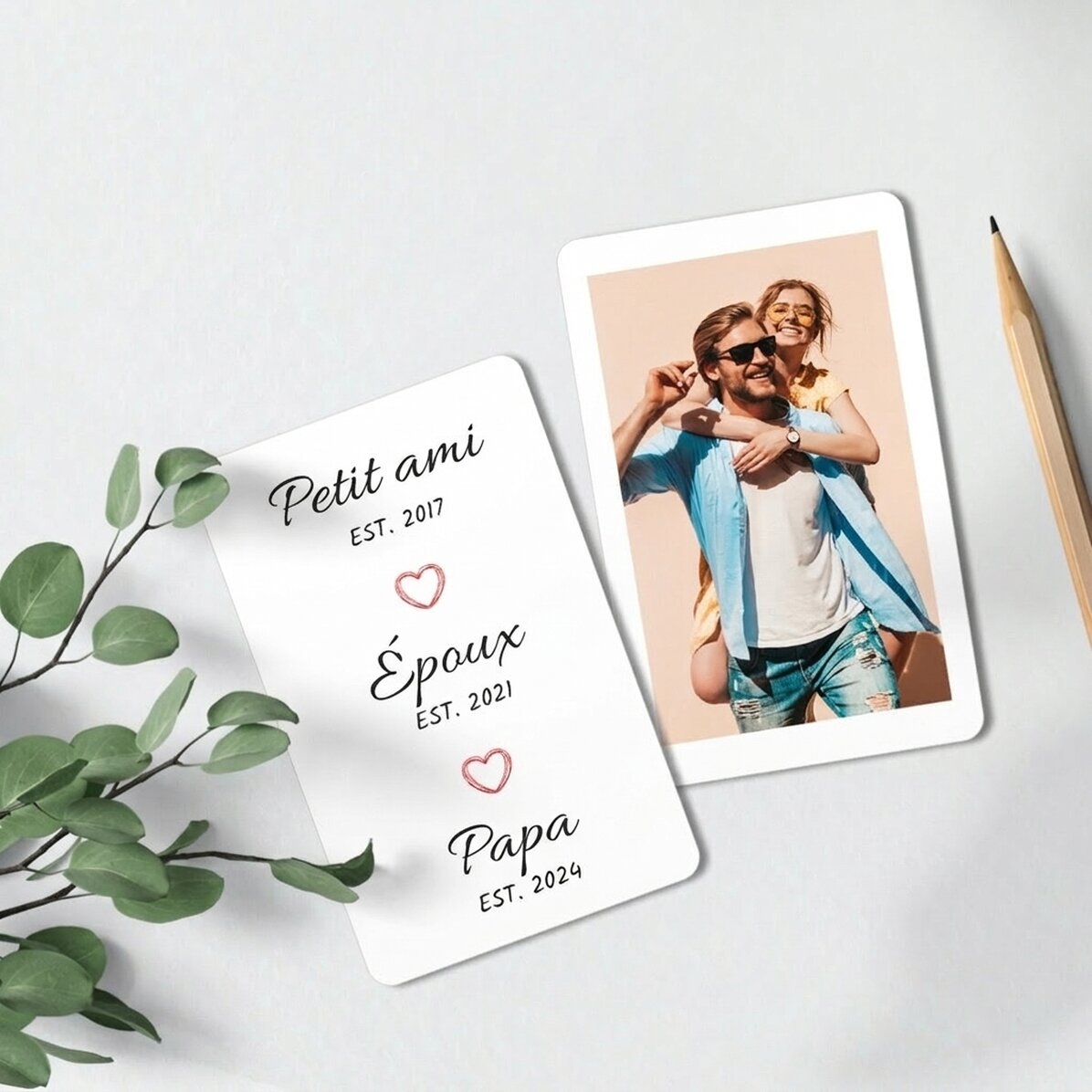 Carte en aluminium personnalisée recto-verso avec un message et une photo en portrait
