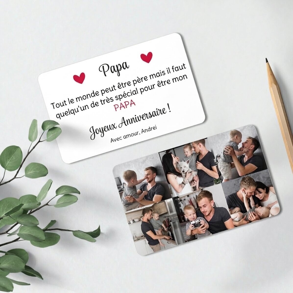 Carte en aluminium personnalisée recto-verso avec 6 photos et un texte